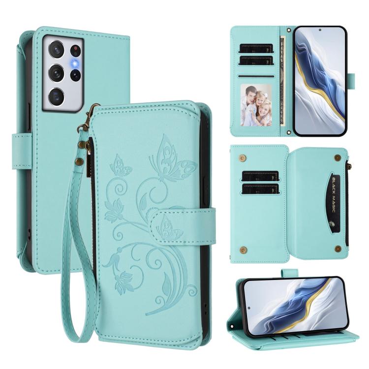 Butterfly Love Flower Multi-card Zipper Wallet Leather Phone Case, For Galaxy S22 5G, For Galaxy S21 FE 5G, For Galaxy S21 5G, For Galaxy S21+ 5G, For Galaxy S21 Ultra 5G, For Galaxy Note20 Ultra