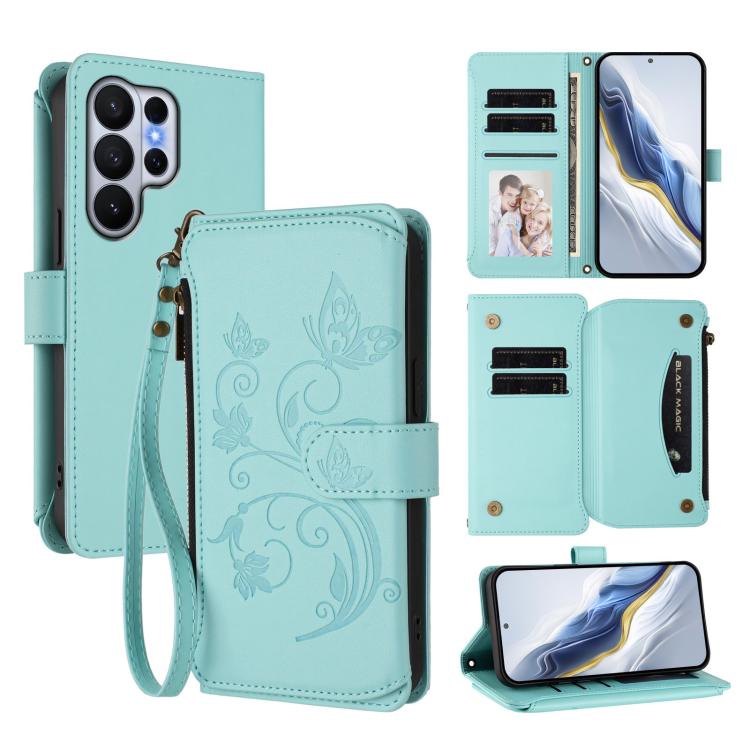 Butterfly Love Flower Multi-card Zipper Wallet Leather Phone Case, For Galaxy S26 FE 5G, For Galaxy S26+ 5G, For Galaxy S26 Edge 5G, For Galaxy S26 Ultra 5G, For Galaxy S26 5G, For Galaxy S25 Edge 5G
