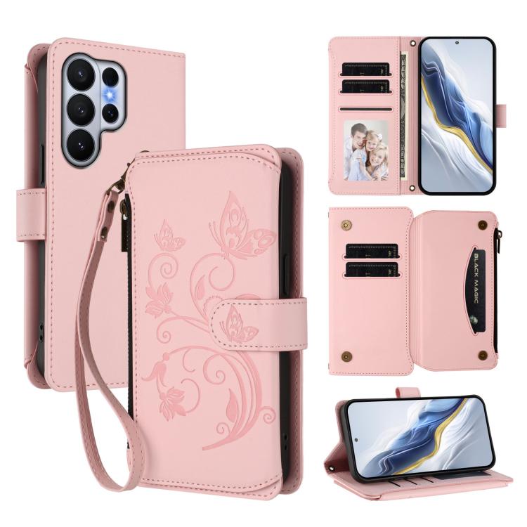 Butterfly Love Flower Multi-card Zipper Wallet Leather Phone Case, For Galaxy S26 FE 5G, For Galaxy S26+ 5G, For Galaxy S26 Edge 5G, For Galaxy S26 Ultra 5G, For Galaxy S26 5G, For Galaxy S25 Edge 5G