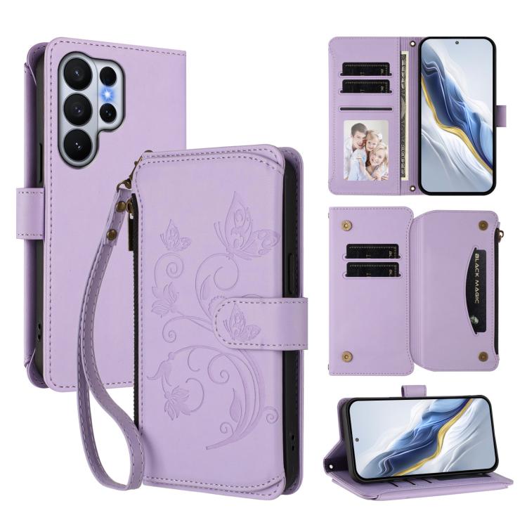 Butterfly Love Flower Multi-card Zipper Wallet Leather Phone Case, For Galaxy S26 FE 5G, For Galaxy S26+ 5G, For Galaxy S26 Edge 5G, For Galaxy S26 Ultra 5G, For Galaxy S26 5G, For Galaxy S25 Edge 5G
