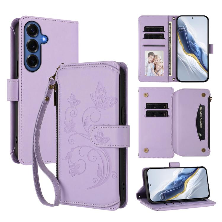 Butterfly Love Flower Multi-card Zipper Wallet Leather Phone Case, For Galaxy S26 FE 5G, For Galaxy S26+ 5G, For Galaxy S26 Edge 5G, For Galaxy S26 Ultra 5G, For Galaxy S26 5G, For Galaxy S25 Edge 5G