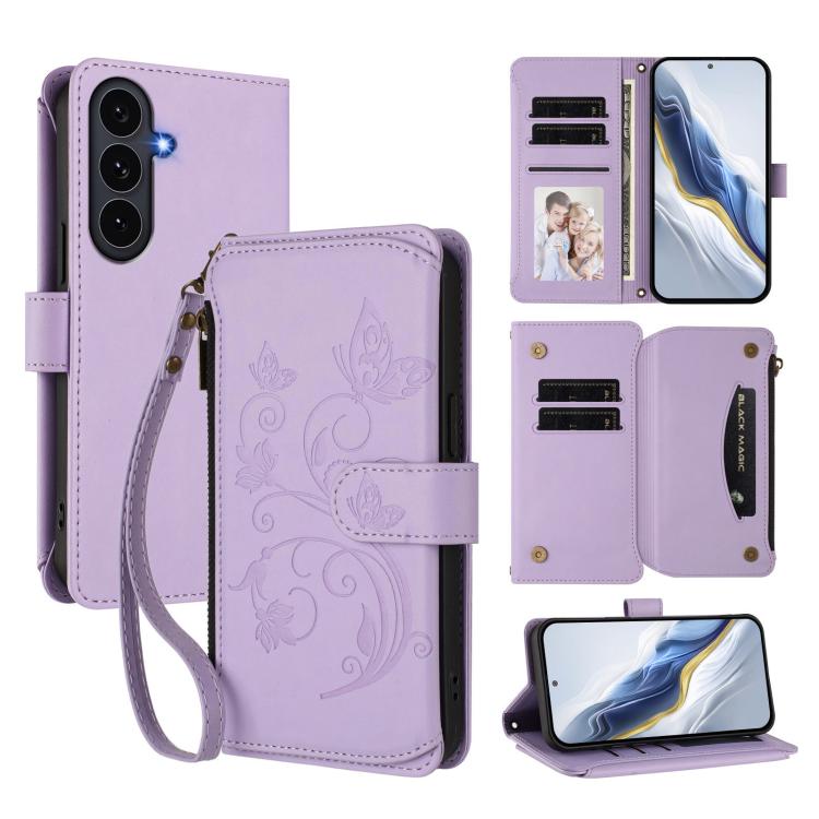 Butterfly Love Flower Multi-card Zipper Wallet Leather Phone Case, For Galaxy S26 FE 5G, For Galaxy S26+ 5G, For Galaxy S26 Edge 5G, For Galaxy S26 Ultra 5G, For Galaxy S26 5G, For Galaxy S25 Edge 5G
