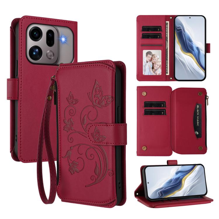 Butterfly Love Flower Multi-card Zipper Wallet Leather Phone Case, For OPPO Reno16 F 5G / FS 5G, For OPPO Reno16 Pro 5G Global, For OPPO Find X9s Pro 5G, For OPPO Find X9 Ultra, For OPPO Find X9, For OPPO A6 GT 5G