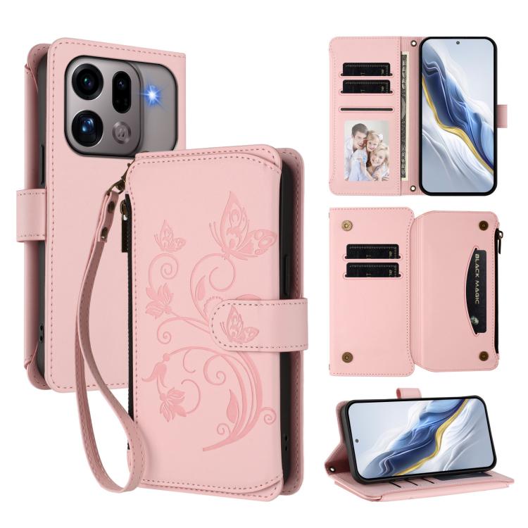 Butterfly Love Flower Multi-card Zipper Wallet Leather Phone Case, For OPPO Reno16 F 5G / FS 5G, For OPPO Reno16 Pro 5G Global, For OPPO Find X9s Pro 5G, For OPPO Find X9 Ultra, For OPPO Find X9, For OPPO A6 GT 5G