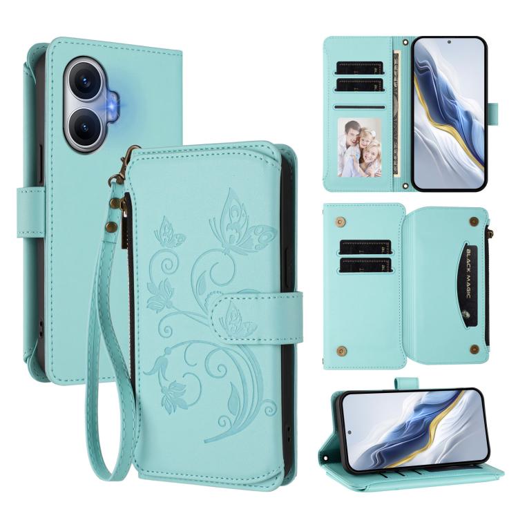 Butterfly Love Flower Multi-card Zipper Wallet Leather Phone Case, For Redmi Note 15 4G / 5G Global 164mm, For Redmi Note 15 Pro 5G Global 163.6mm, For Redmi 15 5G Global / 15 4G SEA 169.5mm, For Redmi 15 5G / 4G EU 171mm, For Redmi Turbo 4 Pro / Poco ...