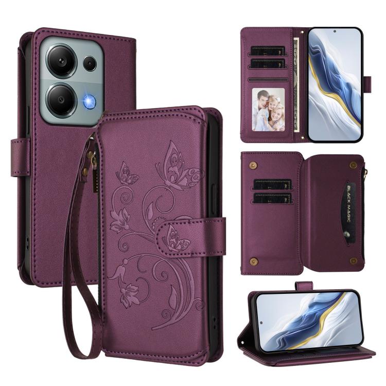 Butterfly Love Flower Multi-card Zipper Wallet Leather Phone Case, For Redmi A5 4G 173.3mm, For Redmi Note 14S 4G / Note 13 Pro 4G, For Redmi Note 14 4G 164.84mm, For Redmi Note 14 Pro 5G / Note 14 Pro+ 5G, For Redmi Note 14 5G / Poco M7 Pro 5G        ...