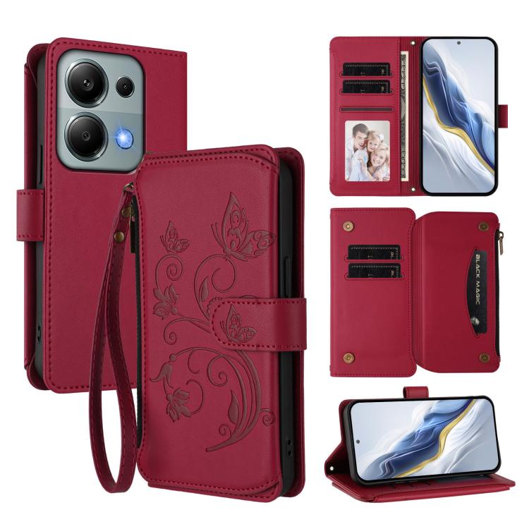 Butterfly Love Flower Multi-card Zipper Wallet Leather Phone Case, For Redmi A5 4G 173.3mm, For Redmi Note 14S 4G / Note 13 Pro 4G, For Redmi Note 14 4G 164.84mm, For Redmi Note 14 Pro 5G / Note 14 Pro+ 5G, For Redmi Note 14 5G / Poco M7 Pro 5G        ...