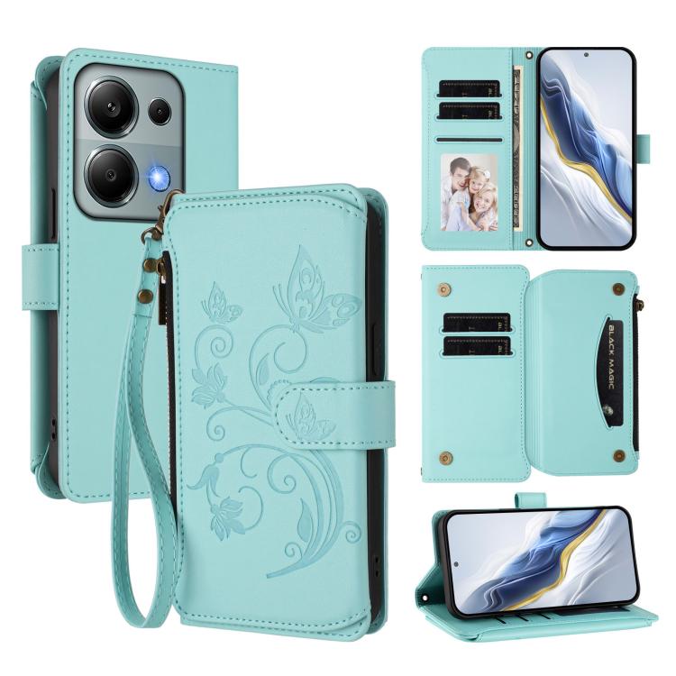 Butterfly Love Flower Multi-card Zipper Wallet Leather Phone Case, For Redmi A5 4G 173.3mm, For Redmi Note 14S 4G / Note 13 Pro 4G, For Redmi Note 14 4G 164.84mm, For Redmi Note 14 Pro 5G / Note 14 Pro+ 5G, For Redmi Note 14 5G / Poco M7 Pro 5G        ...