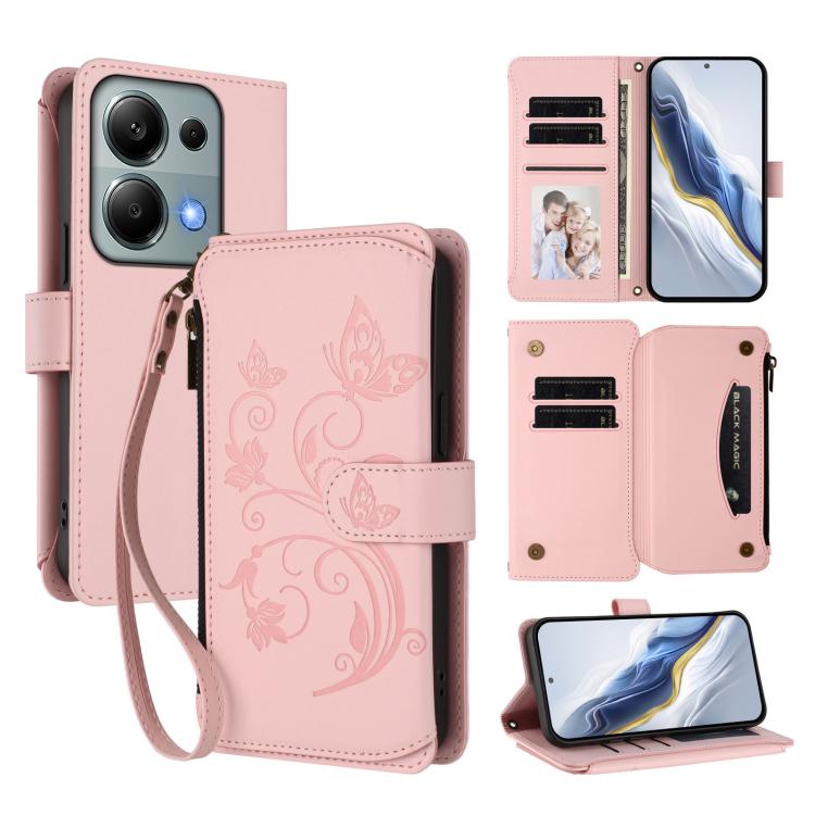 Butterfly Love Flower Multi-card Zipper Wallet Leather Phone Case, For Redmi A5 4G 173.3mm, For Redmi Note 14S 4G / Note 13 Pro 4G, For Redmi Note 14 4G 164.84mm, For Redmi Note 14 Pro 5G / Note 14 Pro+ 5G, For Redmi Note 14 5G / Poco M7 Pro 5G        ...