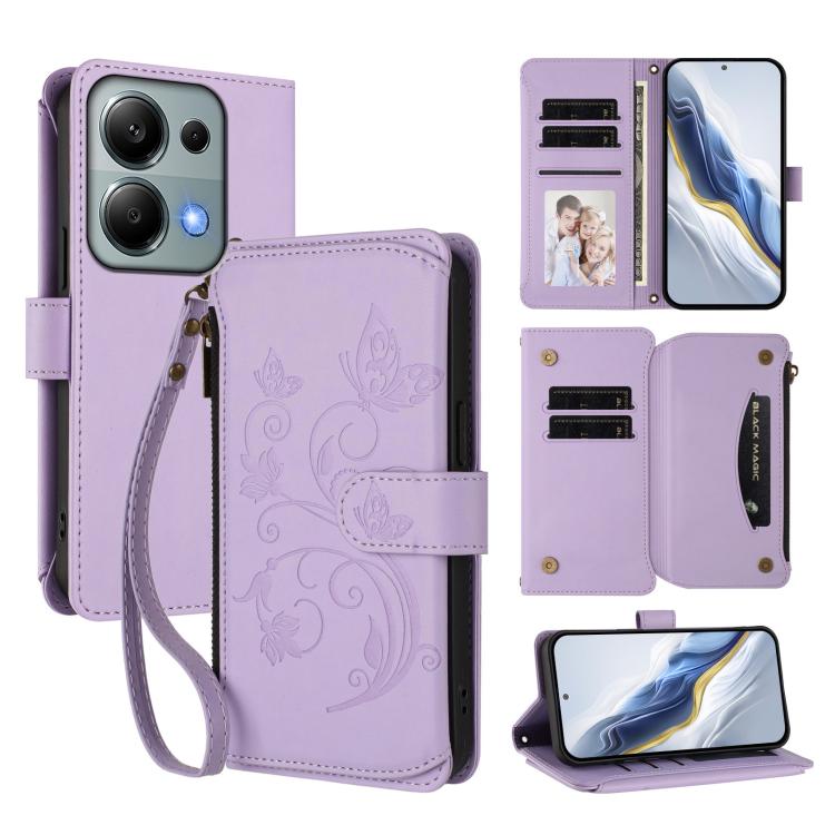 Butterfly Love Flower Multi-card Zipper Wallet Leather Phone Case, For Redmi A5 4G 173.3mm, For Redmi Note 14S 4G / Note 13 Pro 4G, For Redmi Note 14 4G 164.84mm, For Redmi Note 14 Pro 5G / Note 14 Pro+ 5G, For Redmi Note 14 5G / Poco M7 Pro 5G        ...
