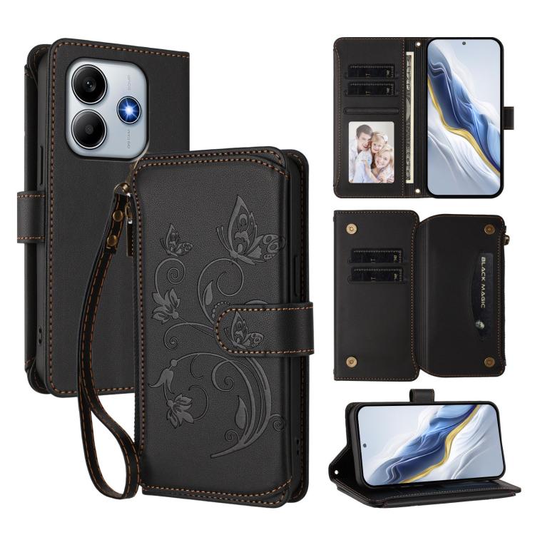Butterfly Love Flower Multi-card Zipper Wallet Leather Phone Case, For Redmi A5 4G 173.3mm, For Redmi Note 14S 4G / Note 13 Pro 4G, For Redmi Note 14 4G 164.84mm, For Redmi Note 14 Pro 5G / Note 14 Pro+ 5G, For Redmi Note 14 5G / Poco M7 Pro 5G        ...