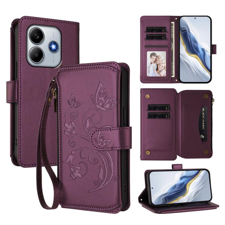 Butterfly Love Flower Multi-card Zipper Wallet Leather Phone Case, For Redmi Note 14 4G 163.25mm, For Redmi A4 5G / A3 Pro / 14C 4G / 14R, For Redmi K70 Ultra, For Redmi A3 / A3x / Poco C61, For Redmi 13C 4G / 5G / Poco C65, For Redmi Note 13 4G