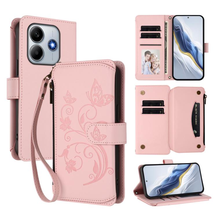 Butterfly Love Flower Multi-card Zipper Wallet Leather Phone Case, For Redmi Note 14 4G 163.25mm, For Redmi A4 5G / A3 Pro / 14C 4G / 14R, For Redmi K70 Ultra, For Redmi A3 / A3x / Poco C61, For Redmi 13C 4G / 5G / Poco C65, For Redmi Note 13 4G