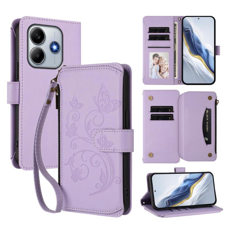 Butterfly Love Flower Multi-card Zipper Wallet Leather Phone Case, For Redmi Note 14 4G 163.25mm, For Redmi A4 5G / A3 Pro / 14C 4G / 14R, For Redmi K70 Ultra, For Redmi A3 / A3x / Poco C61, For Redmi 13C 4G / 5G / Poco C65, For Redmi Note 13 4G