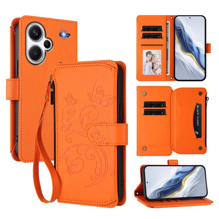Butterfly Love Flower Multi-card Zipper Wallet Leather Phone Case, For Redmi Note 13 Pro 5G / Poco X6, For Redmi Note 13 5G, For Redmi Note 13 Pro+, For Redmi 12 4G / 5G / Note 12R, For Redmi Note 12T Pro / K50i, For Redmi Note 12 Turbo / Poco F5