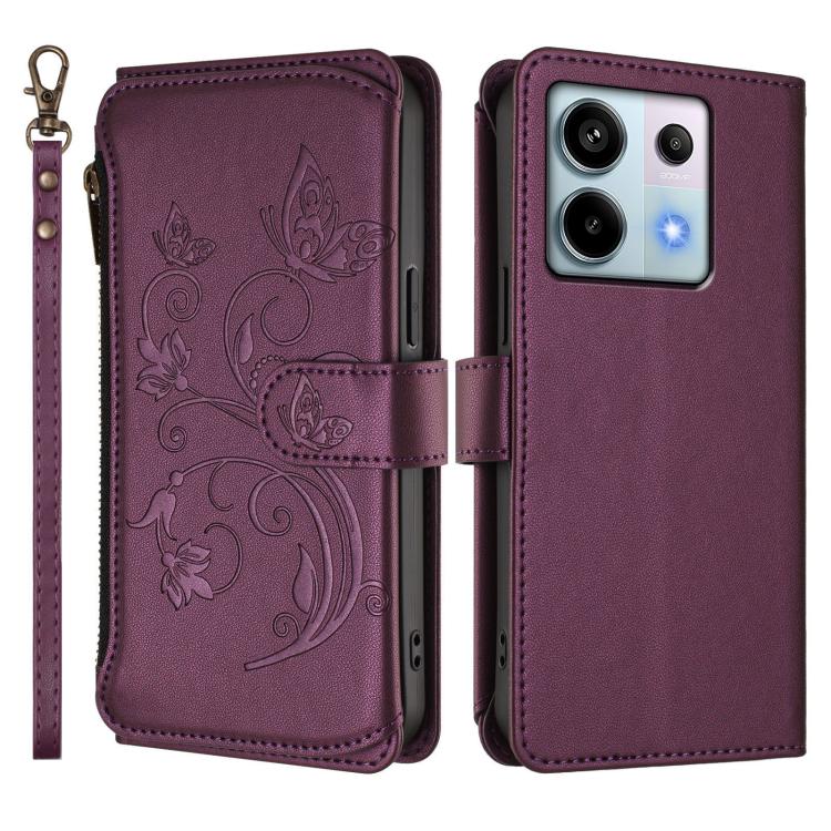 Butterfly Love Flower Multi-card Zipper Wallet Leather Phone Case, For Redmi Note 13 Pro 5G / Poco X6, For Redmi Note 13 5G, For Redmi Note 13 Pro+, For Redmi 12 4G / 5G / Note 12R, For Redmi Note 12T Pro / K50i, For Redmi Note 12 Turbo / Poco F5