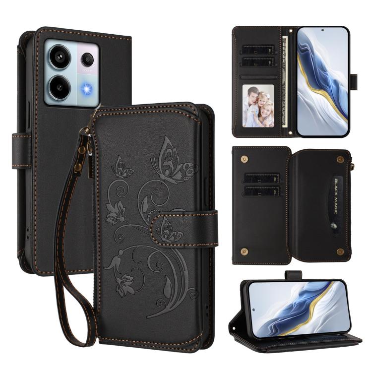 Butterfly Love Flower Multi-card Zipper Wallet Leather Phone Case, For Redmi Note 13 Pro 5G / Poco X6, For Redmi Note 13 5G, For Redmi Note 13 Pro+, For Redmi 12 4G / 5G / Note 12R, For Redmi Note 12T Pro / K50i, For Redmi Note 12 Turbo / Poco F5