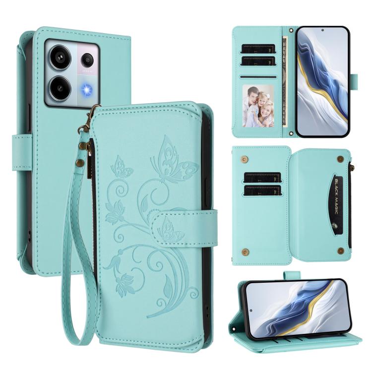 Butterfly Love Flower Multi-card Zipper Wallet Leather Phone Case, For Redmi Note 13 Pro 5G / Poco X6, For Redmi Note 13 5G, For Redmi Note 13 Pro+, For Redmi 12 4G / 5G / Note 12R, For Redmi Note 12T Pro / K50i, For Redmi Note 12 Turbo / Poco F5
