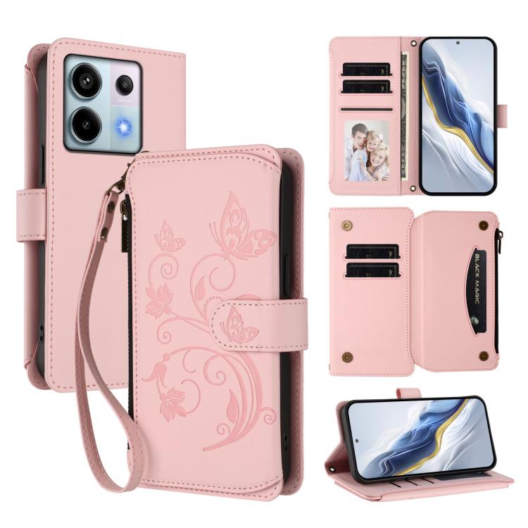 Butterfly Love Flower Multi-card Zipper Wallet Leather Phone Case, For Redmi Note 13 Pro 5G / Poco X6, For Redmi Note 13 5G, For Redmi Note 13 Pro+, For Redmi 12 4G / 5G / Note 12R, For Redmi Note 12T Pro / K50i, For Redmi Note 12 Turbo / Poco F5