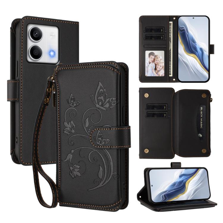Butterfly Love Flower Multi-card Zipper Wallet Leather Phone Case, For Redmi Note 13 Pro 5G / Poco X6, For Redmi Note 13 5G, For Redmi Note 13 Pro+, For Redmi 12 4G / 5G / Note 12R, For Redmi Note 12T Pro / K50i, For Redmi Note 12 Turbo / Poco F5