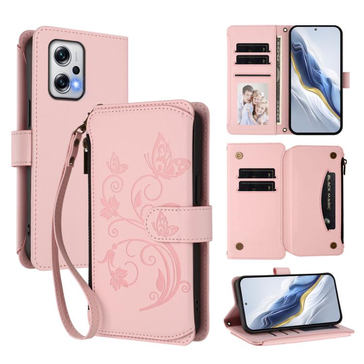 Butterfly Love Flower Multi-card Zipper Wallet Leather Phone Case, For Redmi Note 13 Pro 5G / Poco X6, For Redmi Note 13 5G, For Redmi Note 13 Pro+, For Redmi 12 4G / 5G / Note 12R, For Redmi Note 12T Pro / K50i, For Redmi Note 12 Turbo / Poco F5