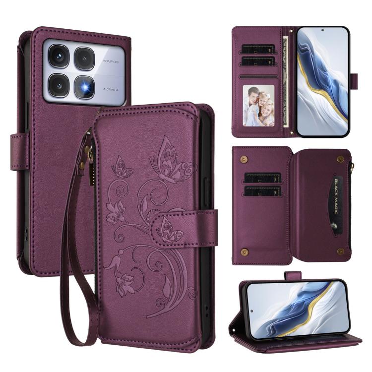 Butterfly Love Flower Multi-card Zipper Wallet Leather Phone Case, For Redmi Note 14 4G 163.25mm, For Redmi A4 5G / A3 Pro / 14C 4G / 14R, For Redmi K70 Ultra, For Redmi A3 / A3x / Poco C61, For Redmi 13C 4G / 5G / Poco C65, For Redmi Note 13 4G