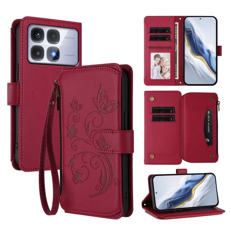 Butterfly Love Flower Multi-card Zipper Wallet Leather Phone Case, For Redmi Note 14 4G 163.25mm, For Redmi A4 5G / A3 Pro / 14C 4G / 14R, For Redmi K70 Ultra, For Redmi A3 / A3x / Poco C61, For Redmi 13C 4G / 5G / Poco C65, For Redmi Note 13 4G