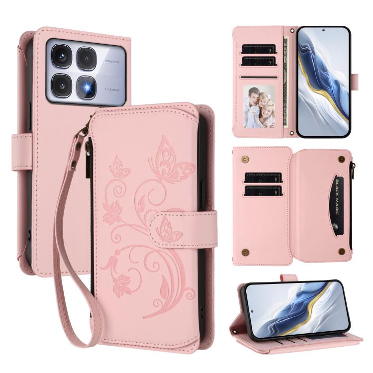Butterfly Love Flower Multi-card Zipper Wallet Leather Phone Case, For Redmi Note 14 4G 163.25mm, For Redmi A4 5G / A3 Pro / 14C 4G / 14R, For Redmi K70 Ultra, For Redmi A3 / A3x / Poco C61, For Redmi 13C 4G / 5G / Poco C65, For Redmi Note 13 4G