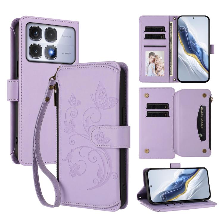 Butterfly Love Flower Multi-card Zipper Wallet Leather Phone Case, For Redmi Note 14 4G 163.25mm, For Redmi A4 5G / A3 Pro / 14C 4G / 14R, For Redmi K70 Ultra, For Redmi A3 / A3x / Poco C61, For Redmi 13C 4G / 5G / Poco C65, For Redmi Note 13 4G