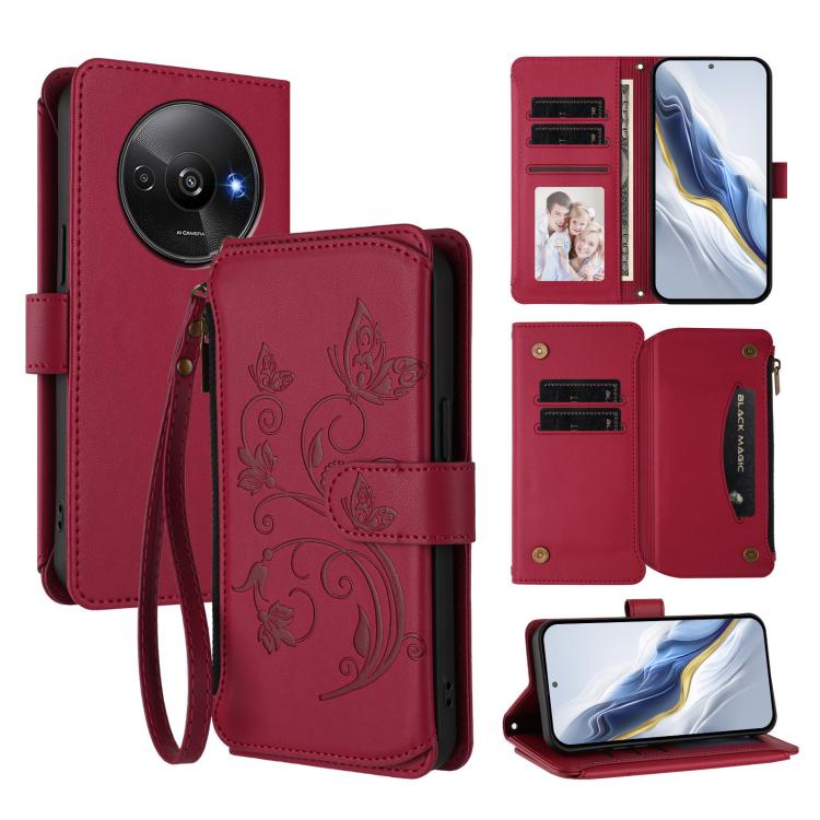 Butterfly Love Flower Multi-card Zipper Wallet Leather Phone Case, For Redmi Note 14 4G 163.25mm, For Redmi A4 5G / A3 Pro / 14C 4G / 14R, For Redmi K70 Ultra, For Redmi A3 / A3x / Poco C61, For Redmi 13C 4G / 5G / Poco C65, For Redmi Note 13 4G