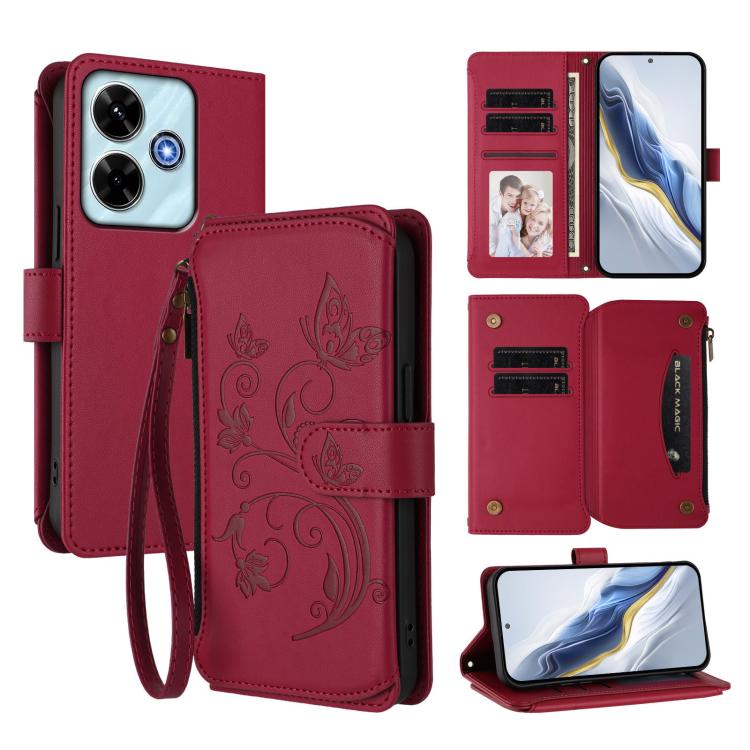 Butterfly Love Flower Multi-card Zipper Wallet Leather Phone Case, For Redmi Note 15 4G / 5G Global 164mm, For Redmi Note 15 Pro 5G Global 163.6mm, For Redmi 15 5G Global / 15 4G SEA 169.5mm, For Redmi 15 5G / 4G EU 171mm, For Redmi Turbo 4 Pro / Poco ...