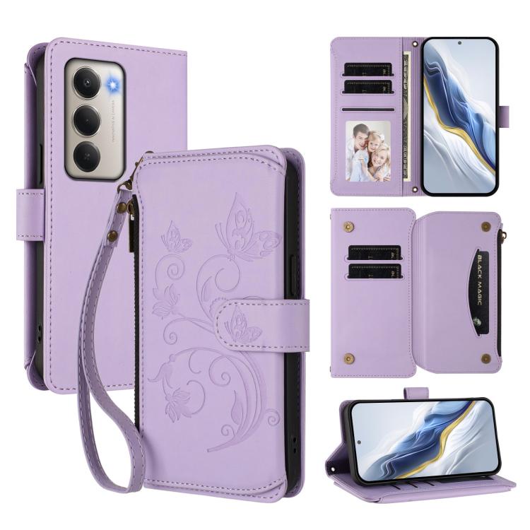 Butterfly Love Flower Multi-card Zipper Wallet Leather Phone Case, For Redmi Note 15 4G / 5G Global 164mm, For Redmi Note 15 Pro 5G Global 163.6mm, For Redmi 15 5G Global / 15 4G SEA 169.5mm, For Redmi 15 5G / 4G EU 171mm, For Redmi Turbo 4 Pro / Poco ...
