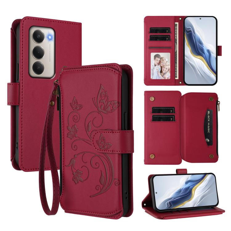 Butterfly Love Flower Multi-card Zipper Wallet Leather Phone Case, For Redmi Note 15 4G / 5G Global 164mm, For Redmi Note 15 Pro 5G Global 163.6mm, For Redmi 15 5G Global / 15 4G SEA 169.5mm, For Redmi 15 5G / 4G EU 171mm, For Redmi Turbo 4 Pro / Poco ...