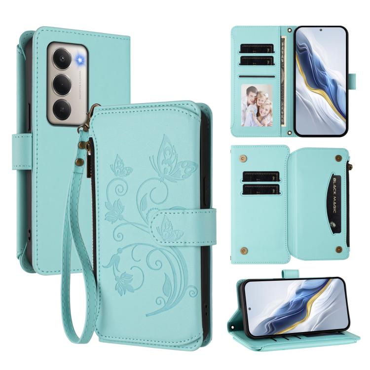 Butterfly Love Flower Multi-card Zipper Wallet Leather Phone Case, For Redmi Note 15 4G / 5G Global 164mm, For Redmi Note 15 Pro 5G Global 163.6mm, For Redmi 15 5G Global / 15 4G SEA 169.5mm, For Redmi 15 5G / 4G EU 171mm, For Redmi Turbo 4 Pro / Poco ...