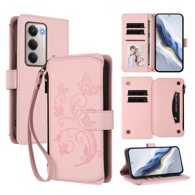 Butterfly Love Flower Multi-card Zipper Wallet Leather Phone Case, For Redmi Note 15 4G / 5G Global 164mm, For Redmi Note 15 Pro 5G Global 163.6mm, For Redmi 15 5G Global / 15 4G SEA 169.5mm, For Redmi 15 5G / 4G EU 171mm, For Redmi Turbo 4 Pro / Poco ...