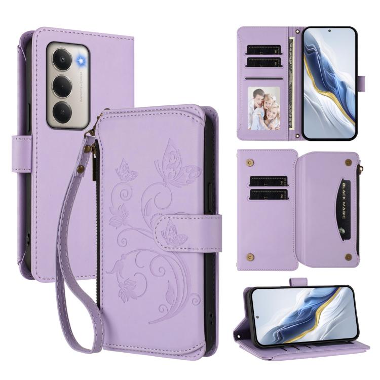 Butterfly Love Flower Multi-card Zipper Wallet Leather Phone Case, For Redmi Note 15 4G / 5G Global 164mm, For Redmi Note 15 Pro 5G Global 163.6mm, For Redmi 15 5G Global / 15 4G SEA 169.5mm, For Redmi 15 5G / 4G EU 171mm, For Redmi Turbo 4 Pro / Poco ...