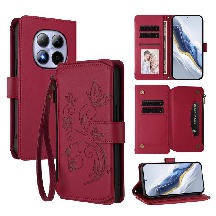 Butterfly Love Flower Multi-card Zipper Wallet Leather Phone Case, For Redmi Note 15 4G / 5G Global 164mm, For Redmi Note 15 Pro 5G Global 163.6mm, For Redmi 15 5G Global / 15 4G SEA 169.5mm, For Redmi 15 5G / 4G EU 171mm, For Redmi Turbo 4 Pro / Poco ...