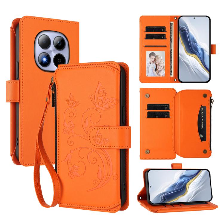 Butterfly Love Flower Multi-card Zipper Wallet Leather Phone Case, For Redmi Note 15 4G / 5G Global 164mm, For Redmi Note 15 Pro 5G Global 163.6mm, For Redmi 15 5G Global / 15 4G SEA 169.5mm, For Redmi 15 5G / 4G EU 171mm, For Redmi Turbo 4 Pro / Poco ...