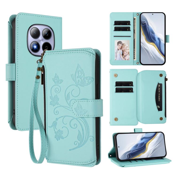 Butterfly Love Flower Multi-card Zipper Wallet Leather Phone Case, For Redmi Note 15 4G / 5G Global 164mm, For Redmi Note 15 Pro 5G Global 163.6mm, For Redmi 15 5G Global / 15 4G SEA 169.5mm, For Redmi 15 5G / 4G EU 171mm, For Redmi Turbo 4 Pro / Poco ...