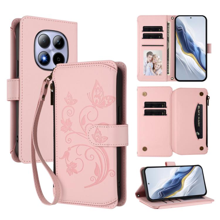 Butterfly Love Flower Multi-card Zipper Wallet Leather Phone Case, For Redmi Note 15 4G / 5G Global 164mm, For Redmi Note 15 Pro 5G Global 163.6mm, For Redmi 15 5G Global / 15 4G SEA 169.5mm, For Redmi 15 5G / 4G EU 171mm, For Redmi Turbo 4 Pro / Poco ...
