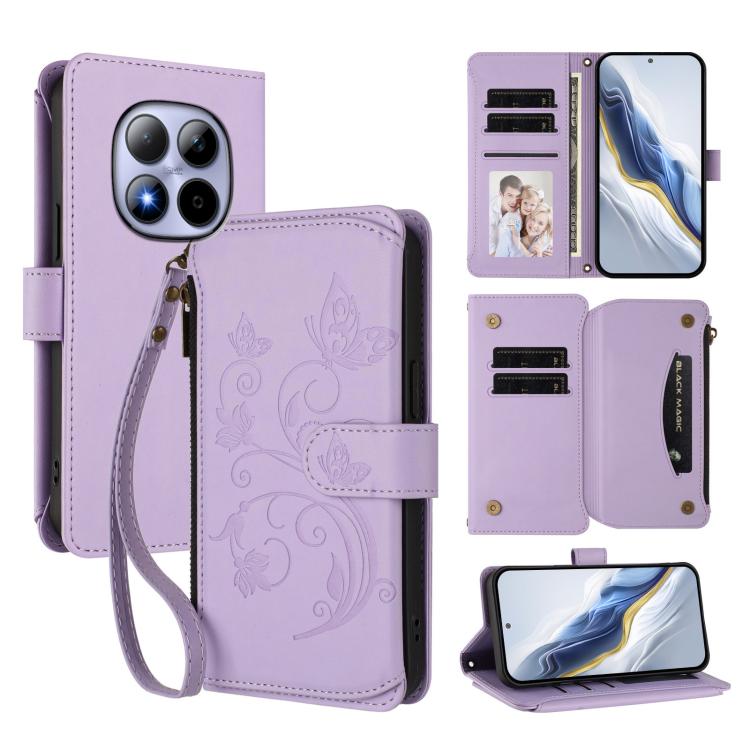 Butterfly Love Flower Multi-card Zipper Wallet Leather Phone Case, For Redmi Note 15 4G / 5G Global 164mm, For Redmi Note 15 Pro 5G Global 163.6mm, For Redmi 15 5G Global / 15 4G SEA 169.5mm, For Redmi 15 5G / 4G EU 171mm, For Redmi Turbo 4 Pro / Poco ...
