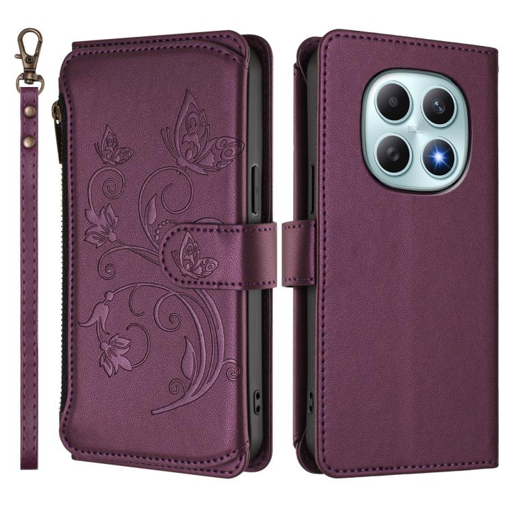 Butterfly Love Flower Multi-card Zipper Wallet Leather Phone Case, For Redmi Note 15 4G / 5G Global 164mm, For Redmi Note 15 Pro 5G Global 163.6mm, For Redmi 15 5G Global / 15 4G SEA 169.5mm, For Redmi 15 5G / 4G EU 171mm, For Redmi Turbo 4 Pro / Poco ...