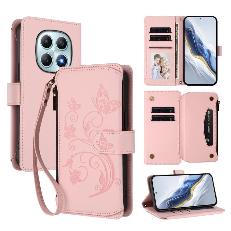 Butterfly Love Flower Multi-card Zipper Wallet Leather Phone Case, For Redmi Note 15 4G / 5G Global 164mm, For Redmi Note 15 Pro 5G Global 163.6mm, For Redmi 15 5G Global / 15 4G SEA 169.5mm, For Redmi 15 5G / 4G EU 171mm, For Redmi Turbo 4 Pro / Poco ...