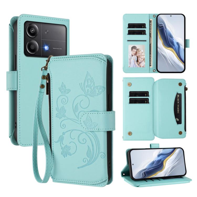Butterfly Love Flower Multi-card Zipper Wallet Leather Phone Case, For Xiaomi 14T Pro, For Xiaomi 14T, For Xiaomi Poco F6, For Xiaomi Poco F6 Pro, For Xiaomi Poco X6 Neo, For Xiaomi Poco X6 Pro