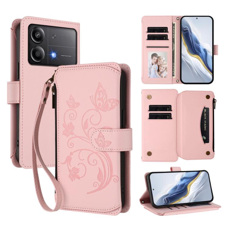 Butterfly Love Flower Multi-card Zipper Wallet Leather Phone Case, For Xiaomi 14T Pro, For Xiaomi 14T, For Xiaomi Poco F6, For Xiaomi Poco F6 Pro, For Xiaomi Poco X6 Neo, For Xiaomi Poco X6 Pro