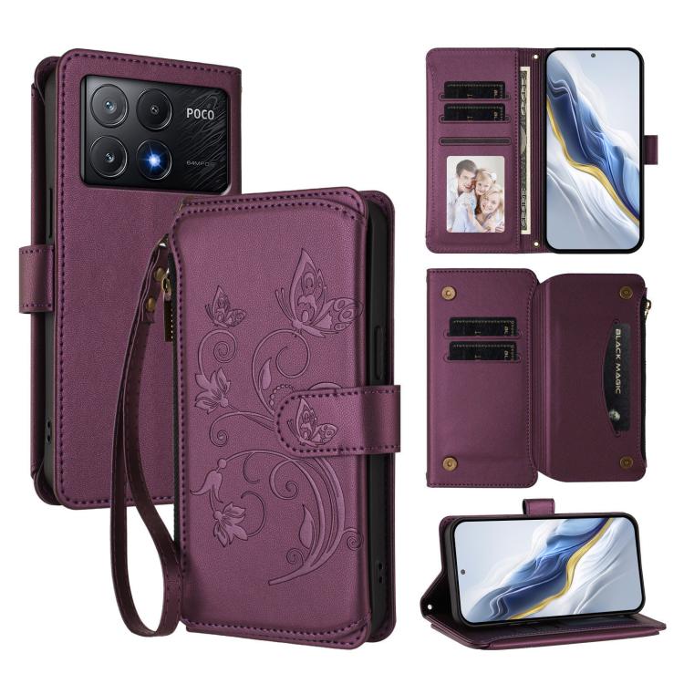Butterfly Love Flower Multi-card Zipper Wallet Leather Phone Case, For Xiaomi 14T Pro, For Xiaomi 14T, For Xiaomi Poco F6, For Xiaomi Poco F6 Pro, For Xiaomi Poco X6 Neo, For Xiaomi Poco X6 Pro