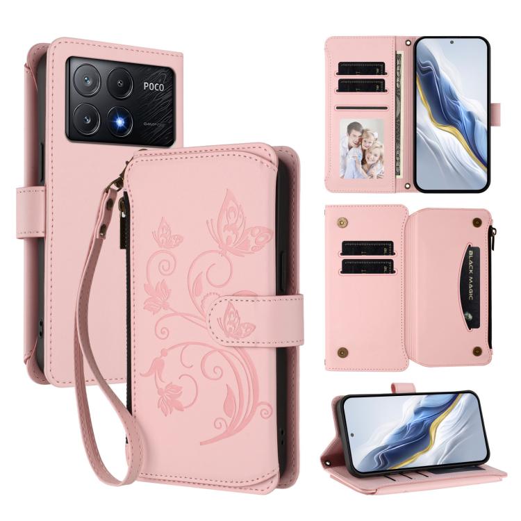 Butterfly Love Flower Multi-card Zipper Wallet Leather Phone Case, For Xiaomi 14T Pro, For Xiaomi 14T, For Xiaomi Poco F6, For Xiaomi Poco F6 Pro, For Xiaomi Poco X6 Neo, For Xiaomi Poco X6 Pro