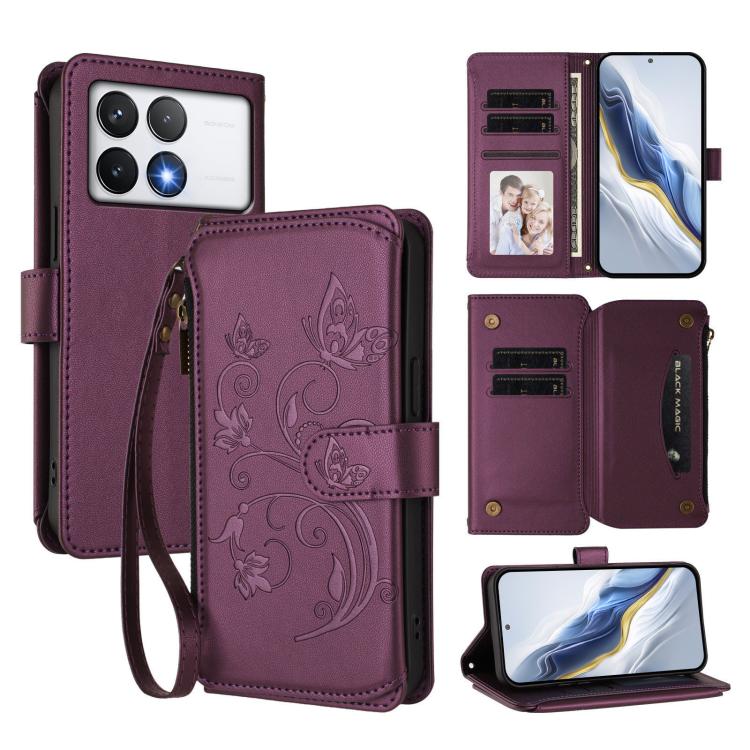 Butterfly Love Flower Multi-card Zipper Wallet Leather Phone Case, For Xiaomi 14T Pro, For Xiaomi 14T, For Xiaomi Poco F6, For Xiaomi Poco F6 Pro, For Xiaomi Poco X6 Neo, For Xiaomi Poco X6 Pro