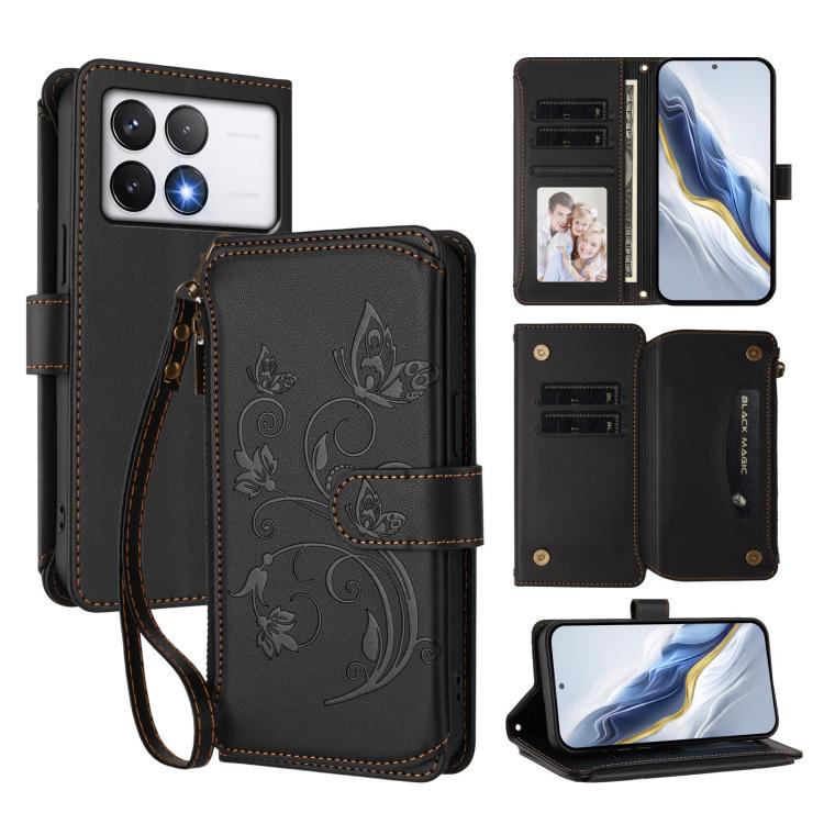 Butterfly Love Flower Multi-card Zipper Wallet Leather Phone Case, For Xiaomi 14T Pro, For Xiaomi 14T, For Xiaomi Poco F6, For Xiaomi Poco F6 Pro, For Xiaomi Poco X6 Neo, For Xiaomi Poco X6 Pro