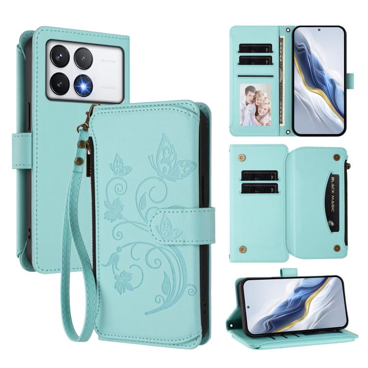 Butterfly Love Flower Multi-card Zipper Wallet Leather Phone Case, For Xiaomi 14T Pro, For Xiaomi 14T, For Xiaomi Poco F6, For Xiaomi Poco F6 Pro, For Xiaomi Poco X6 Neo, For Xiaomi Poco X6 Pro